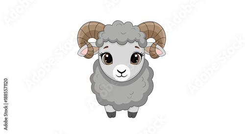Cute grey cartoon ram with large spiraled horns and big eyes looks forward in a clean vector character design.