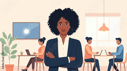 Confident leader with arms crossed in office, colleagues work at desks