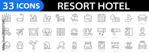 Resort Hotel 33 web icon set. Tourism, wellness, beach, passport, wellness, landscape, shower, work to go, sunset and more. Editable stroke. Vector illustration