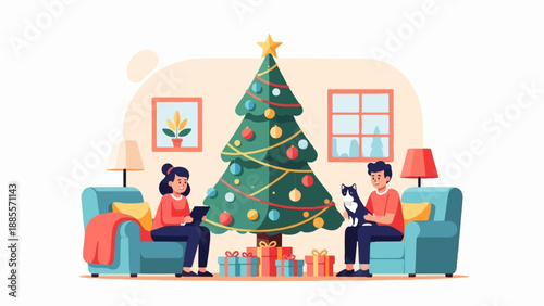 Couple, cat and Christmas tree in a cozy room