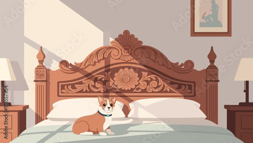 Cozy bedroom scene with a dog on a bed bathed in sunlight