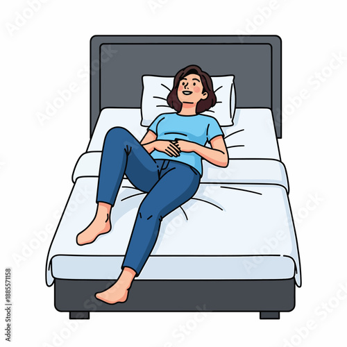 A woman lies on a bed with a pillow under her head