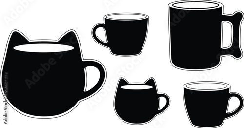 Cute coffee cup silhouettes set, cartoon mugs with cat shape design, playful cafe beverage icons isolated on white background vector illustration