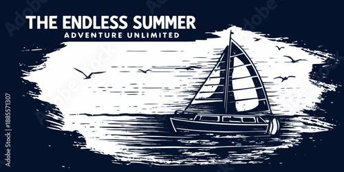 A vintage style illustration of a sailboat on a textured water background
