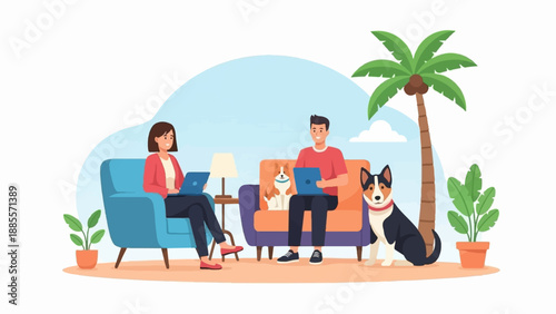 Couple and dogs working on laptops near a palm tree on a sunny day