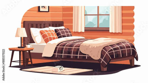 Cozy cabin bedroom with plaid bedding and a bedside lamp
