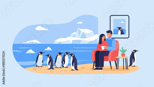 Couple enjoys warm drinks in a cozy home with penguins outside