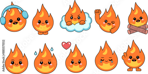 Cute fire character emoji set vector illustration with kawaii flame expressions emotions cartoon mascot icons isolated on white background for stickers design collection