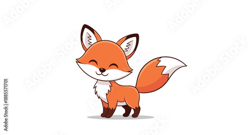 Friendly little red fox standing with a big smile and a bushy white tipped tail on a clean white background for kids.