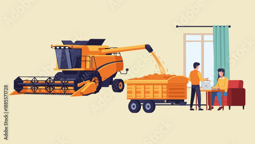 Combine harvester loading grain into a trailer while people work indoors