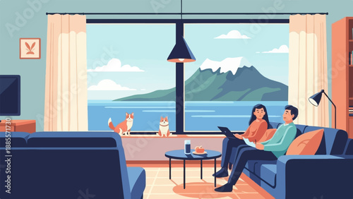Couple relaxing on sofa with laptop, two cats by the window