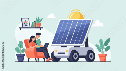 Couple using laptop with solar panel in background