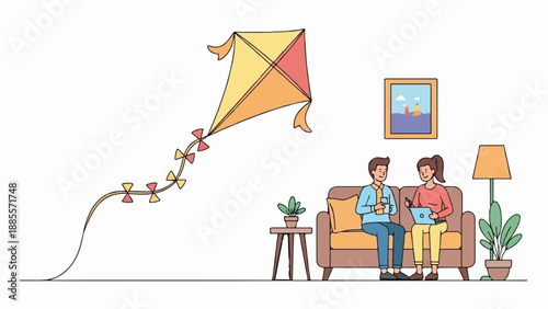 Couple relaxing on sofa with kite and tablet in a cozy room