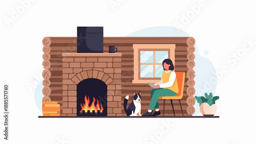Cozy cabin interior with a person reading by a fire and a cat