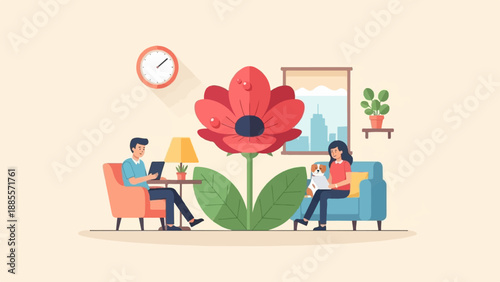 Couple relaxing at home with a dog and a giant flower