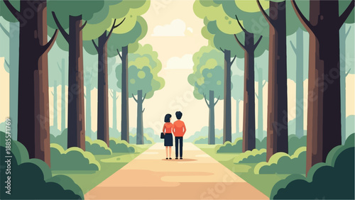 Couple walking on a path through a stylized forest with tall trees