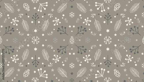 Scandinavian style seamless winter pattern with cones pine branches and snowflakes in neutral colors