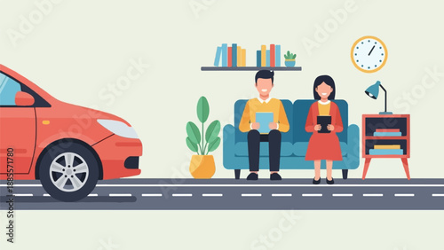 Couple relaxing at home with a car outside