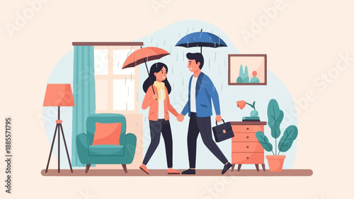Couple walking in the rain under umbrellas, inside a cozy room
