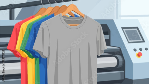 Colorful t-shirts hang on hangers next to a printing machine
