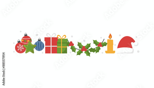 Christmas icons border ornaments gift boxes holly candle and Santa hat