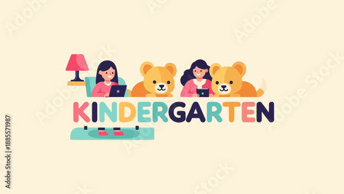 Colorful text with children and bears suggests early education fun