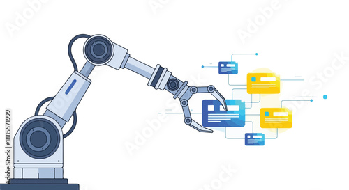 Robotic arm organizing digital data files, representing automation, data management, and artificial intelligence in technology.