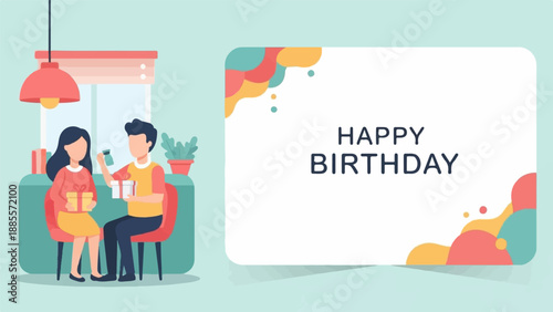Couple exchanging gifts in a cozy room with birthday wishes on a card