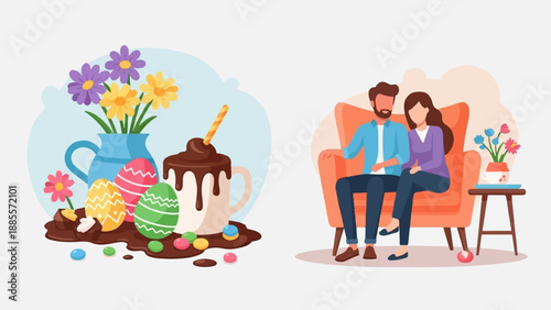 Couple relaxing on sofa next to Easter treats including decorated eggs and chocolate