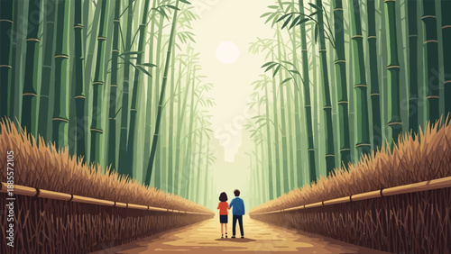 Couple walks on path through dense green bamboo forest toward bright sun