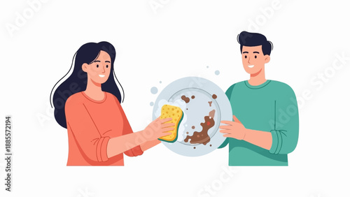 Couple washing dirty dishes with sponge and bubbles