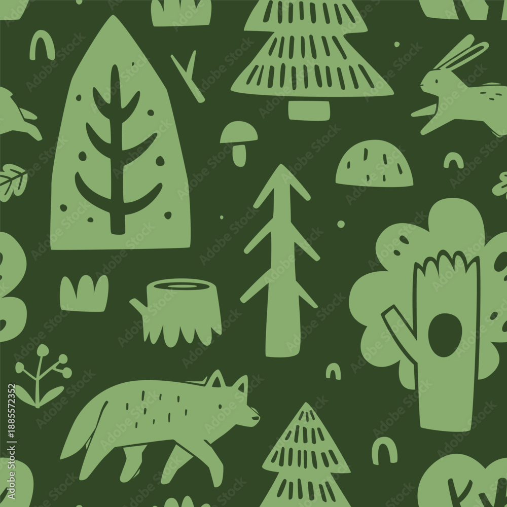 Obraz premium Scandinavian stamp forest pattern. Seamless doodle vector print with woodland.