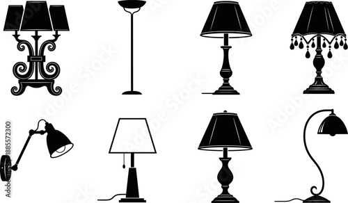 Decorative table and floor lamp silhouette set isolated on white background vintage modern lighting furniture black and white vector illustration for interior design decor projects