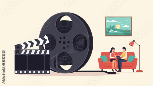 Couple watches movie at home with film reel and clapperboard