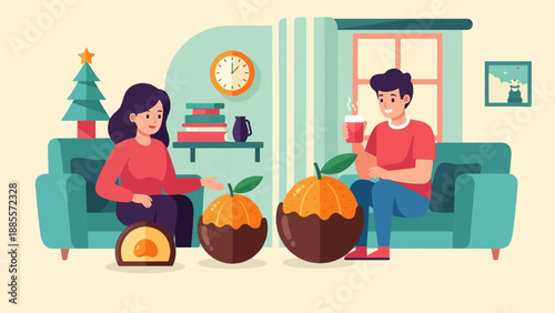 Couple relaxing on sofa, enjoying coffee and chocolate-covered oranges with festive decor