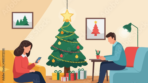 Cozy Christmas living room scene with a tree, gifts, and people relaxing indoors