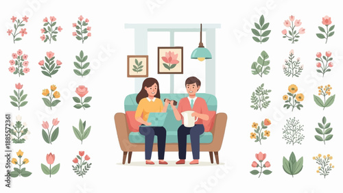 Couple relaxing on couch with laptop and watering can, surrounded by flowers