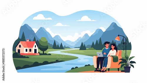 Couple relaxing on couch with laptop amidst a scenic mountain landscape