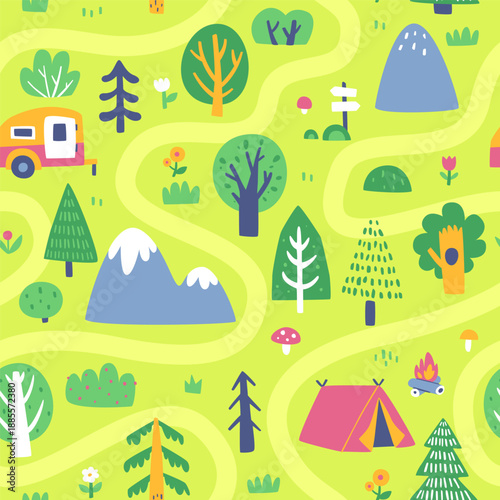 Camping map pattern. Seamless doodle valley vector print for kids carpet.
