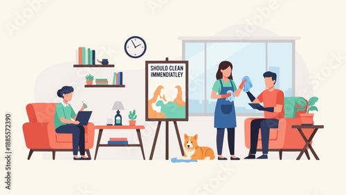 Couple cleaning home interior with dog and poster