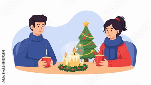 Cozy Christmas scene with a couple enjoying hot drinks by candlelight