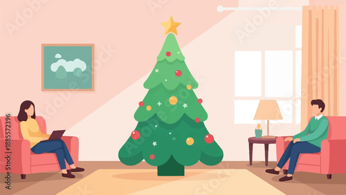 Cozy Christmas living room with a decorated tree and two people relaxing