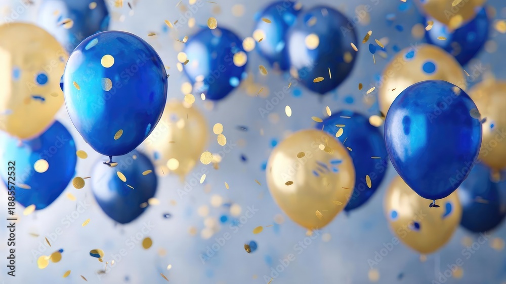 Fototapeta premium Blue and gold balloons with gold confetti floating through the air in a festive celebration. Concept Blue and gold balloons, Gold confetti, Festive celebration, Party decor, Joyful atmosphere