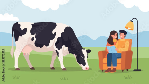 Couple in armchair reads book with cow grazing nearby in rural setting