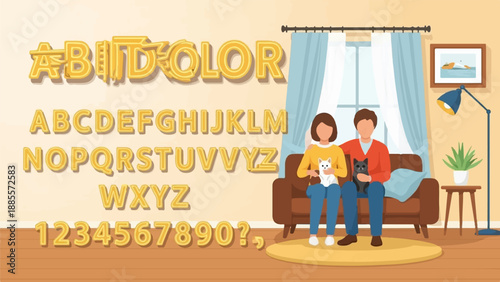 Couple with cats on sofa in living room, alphabet and numbers displayed