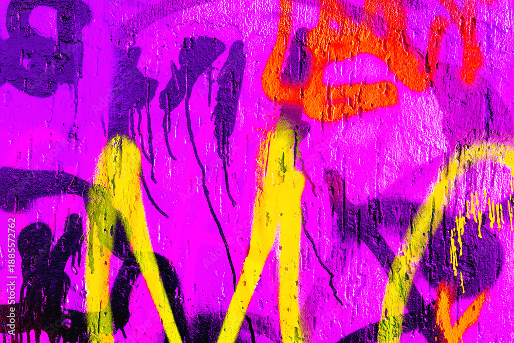 Fototapeta premium Abstract urban graffiti with neon purple, yellow, black paint drips, splatters. Modern 2000s, Y2K street art style, fluorescent glow, acid colors. Posters, flyers, digital art, creative banner.