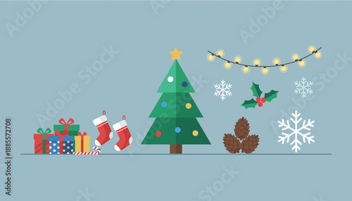 Colorful Christmas icons on blue tree presents stockings lights and snowflakes Seasonal celebration