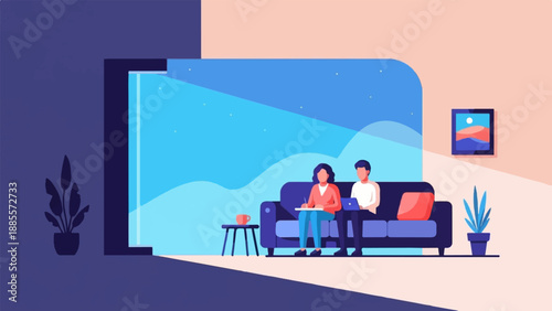 Couple relaxing at home near a window with a starry night sky view