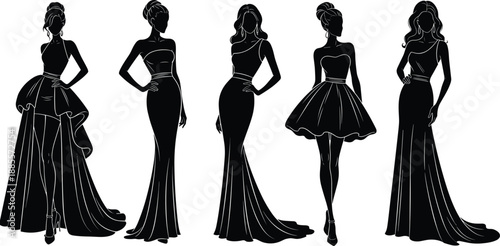 Elegant fashion model silhouettes illustration, women evening gown collection, stylish female dress designs, luxury runway clothing, monochrome vector art set
