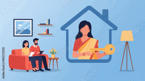 Couple relaxing on couch inside home, while woman presents a key